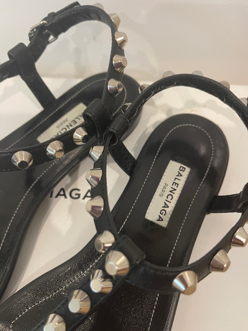 Balenciaga Black Leather Studded T-Strap Sandals - Picture 2 of 11
